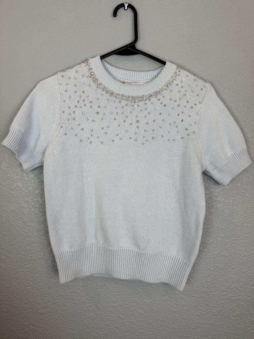 ZARA Sweater Womens Small Blue Short Sleeve Beaded Embellished Knit Pullover Top